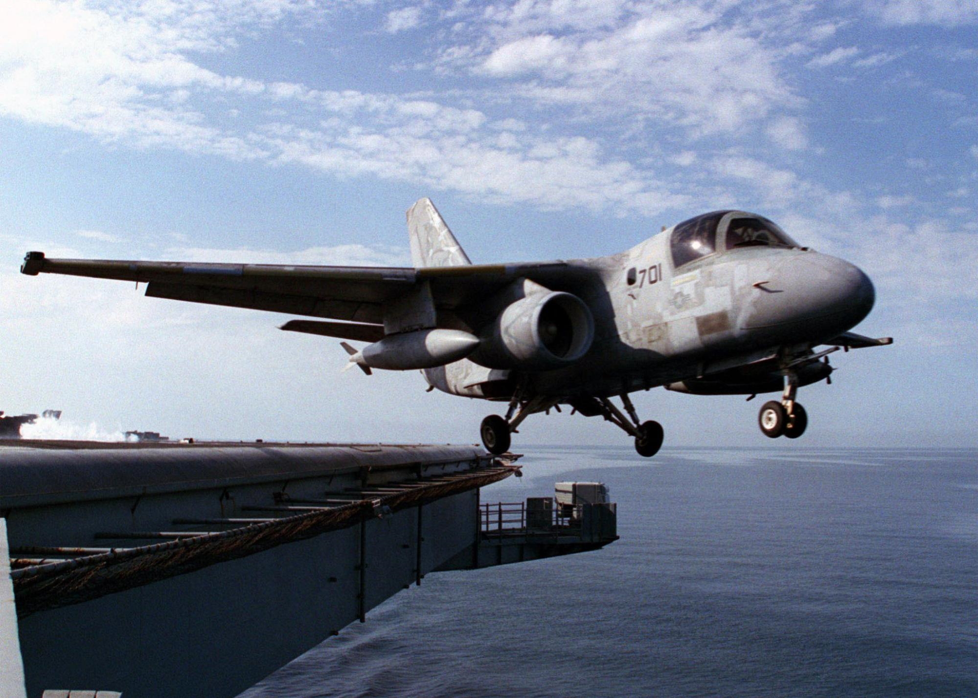 Six S-3A Viking aircraft, each from a different Air Anti-submarine Squadron  (VS), fly in formation during a flight out of Naval Air Station, North  Island, CA. The squadrons are, from left, VS-41